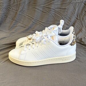 Adidas Women's White Sneakers with Leopard Detail. Never worn. FIT AS SIZE 7!